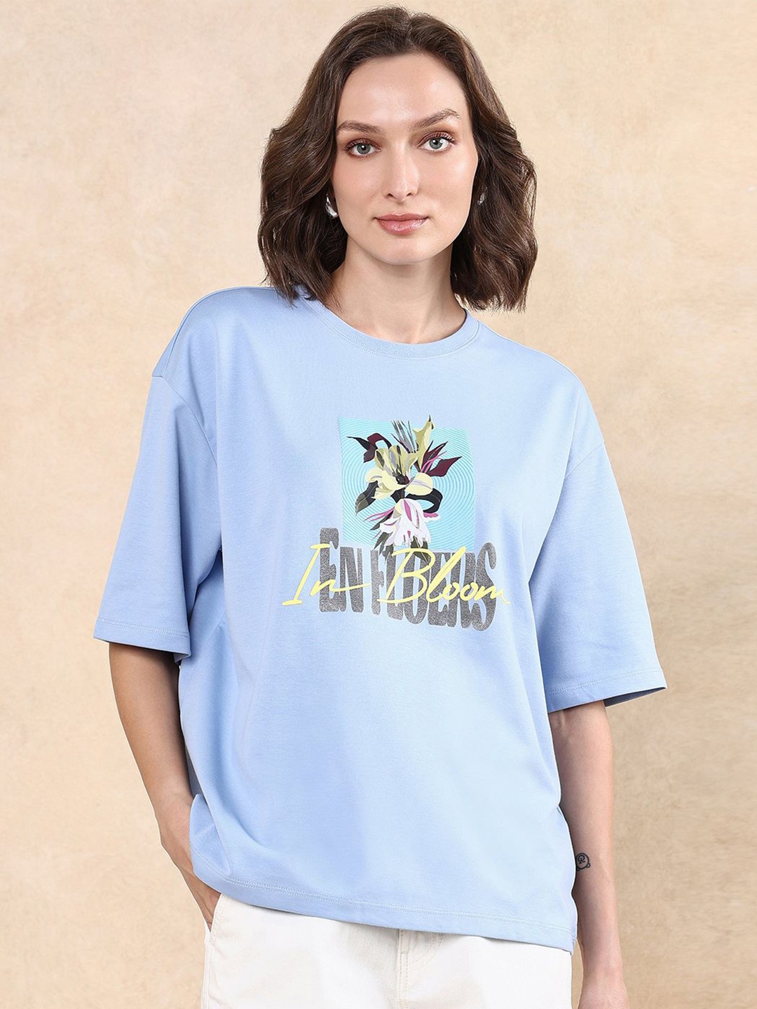 

RAREISM Women Printed Drop-Shoulder Sleeves Pockets T-shirt, Blue