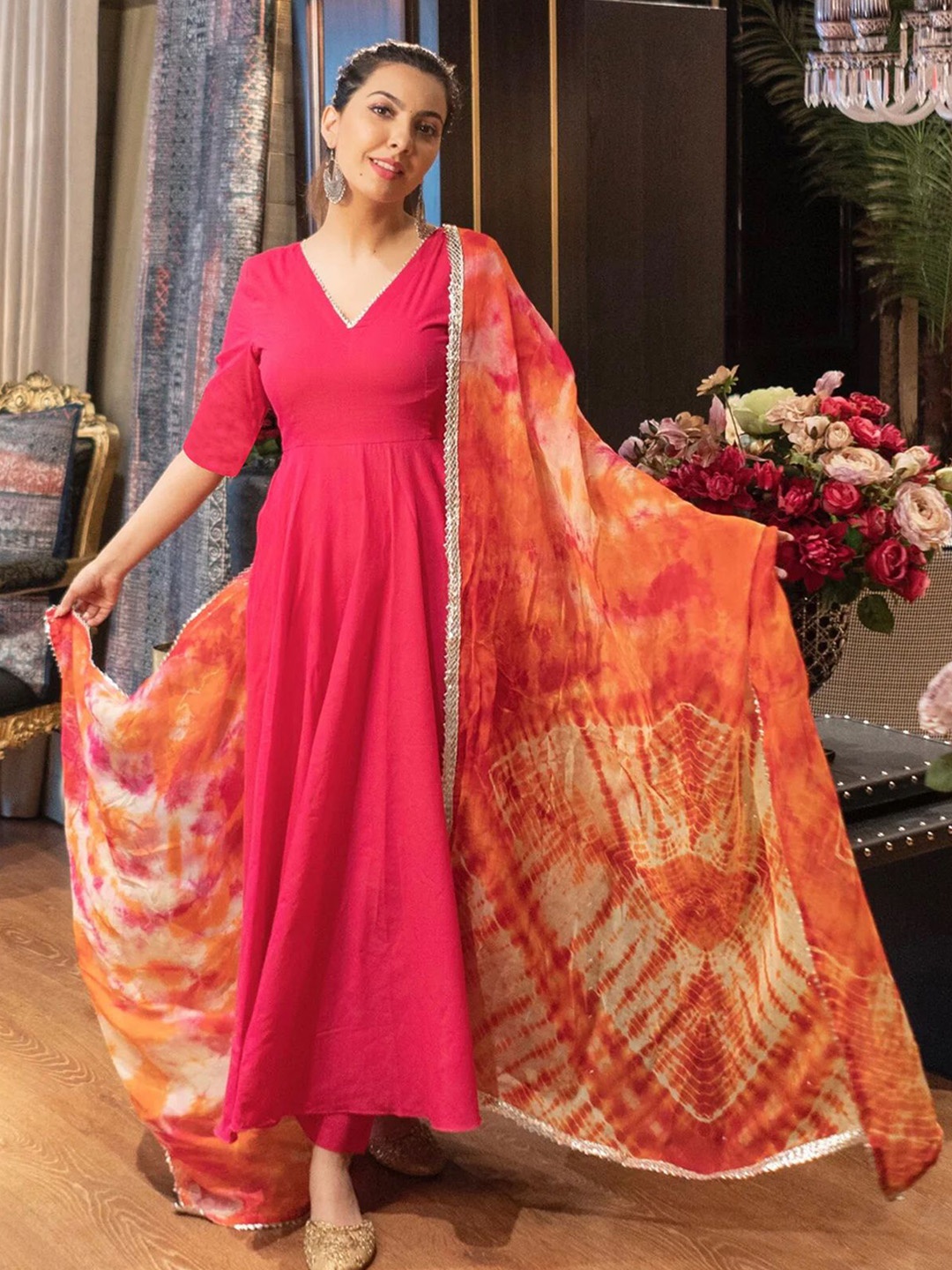 

GoSriKi V-Neck Gotta Patti Anarkali Kurta With Trousers & Dupatta, Pink
