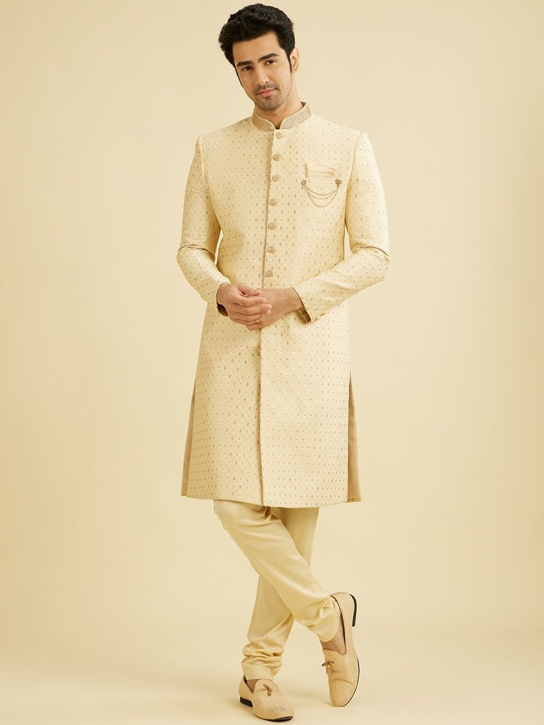 

Manyavar Men Woven Design Sherwani Set, Cream