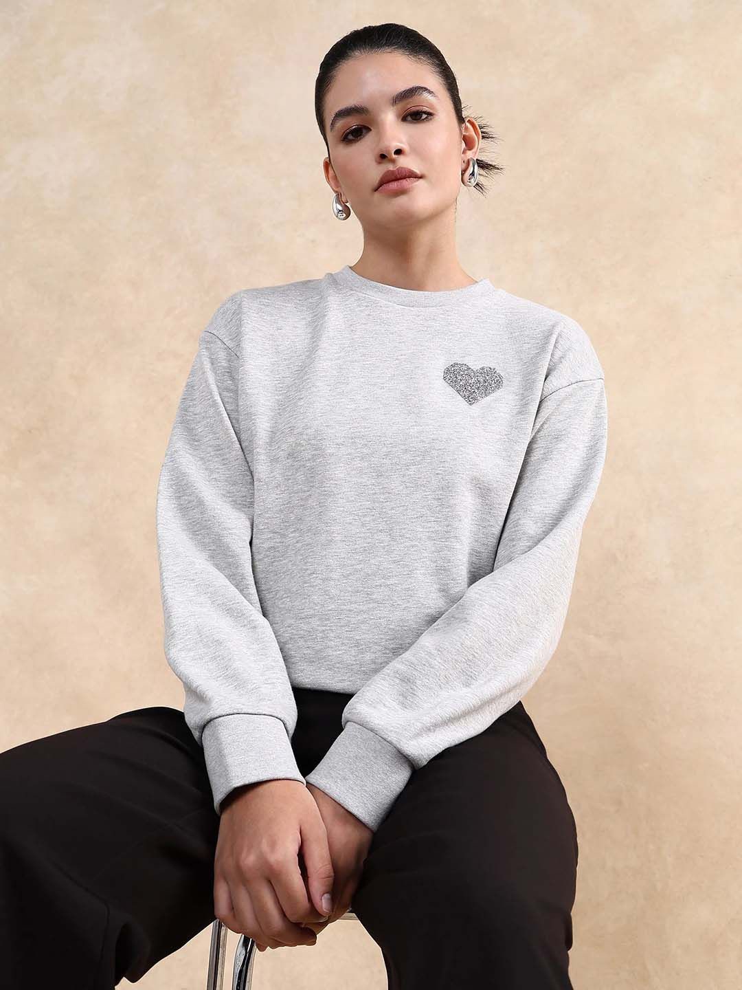 

RAREISM Women Heart Applique Cotton Sweatshirt, Grey