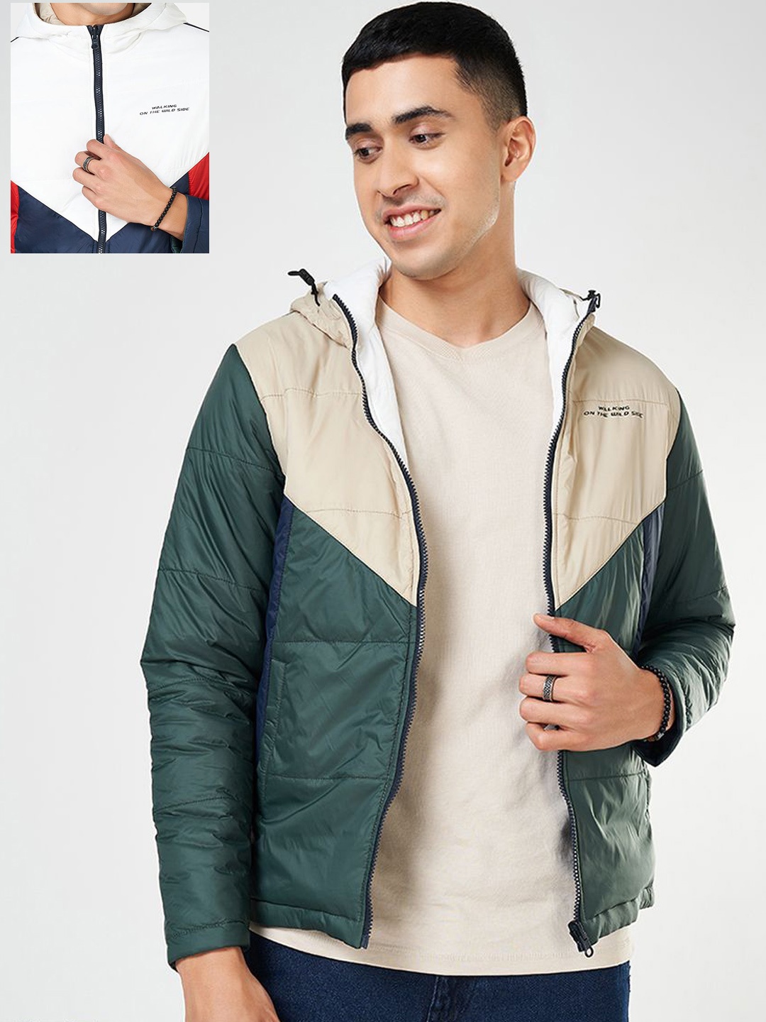 

People Men Hooded Colourblocked Casual Padded Jacket, Green