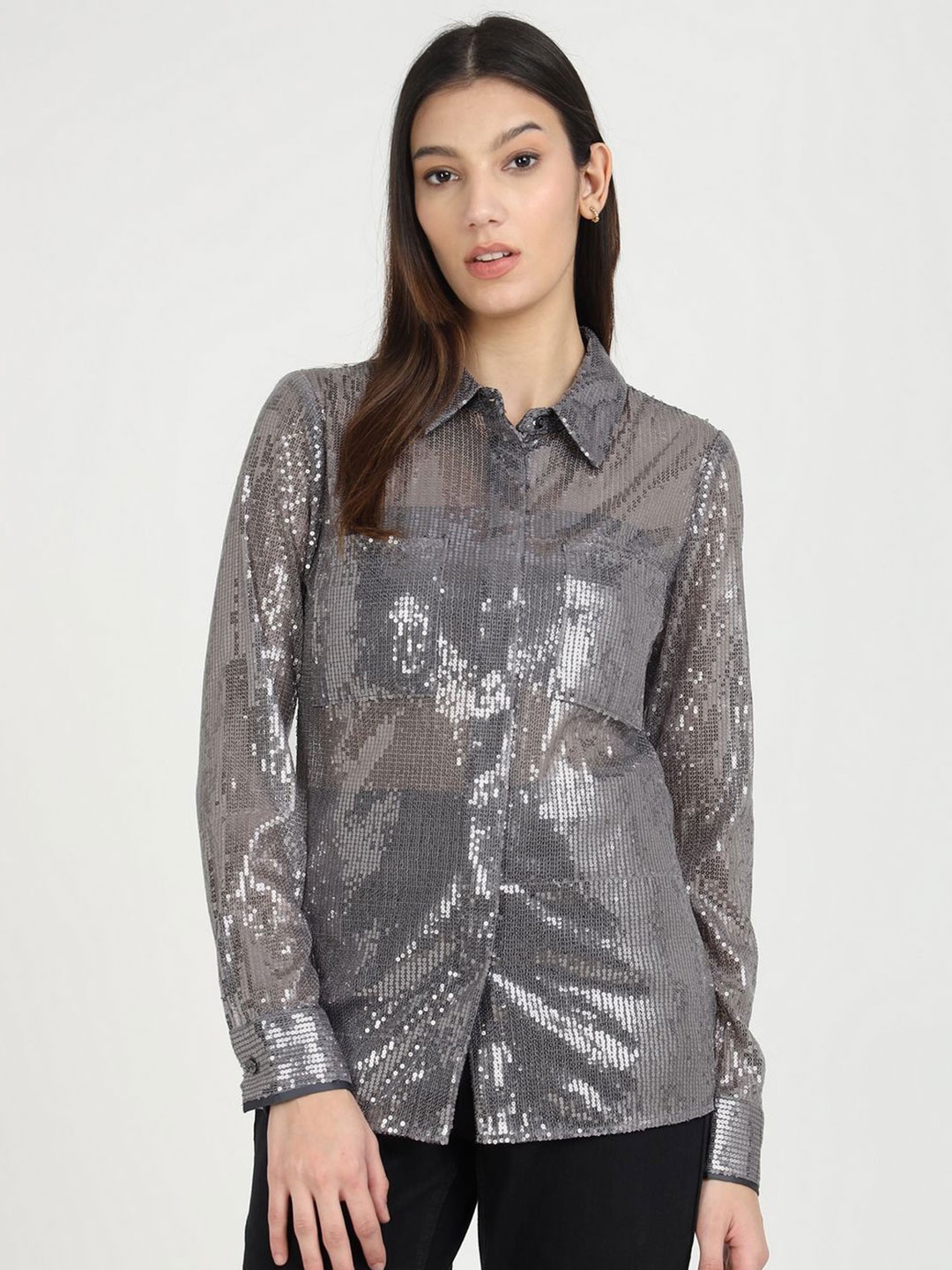 

GUESS Women Spread Collar Solid Casual Shirt, Grey