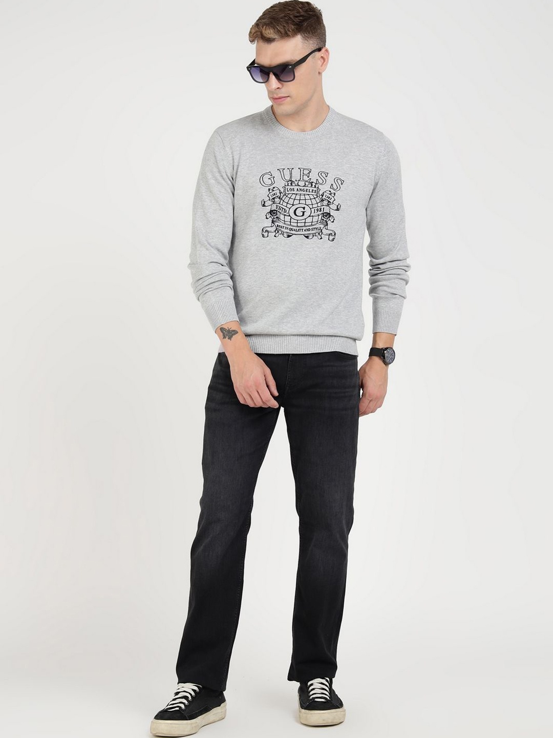 

GUESS Men Typography Printed Pullover, Grey