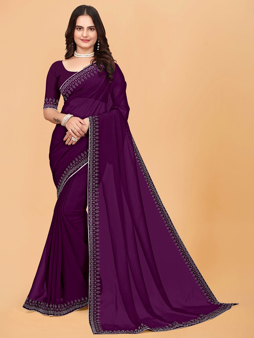 

WEAVETECH IMPEX Beads and Stones Embellished Pure Georgette Saree, Purple