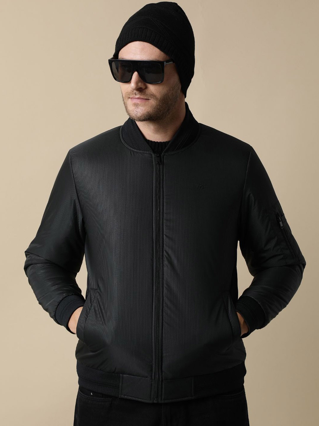 

Fort Collins Men Stand Collar Solid Casual Bomber Jacket, Black