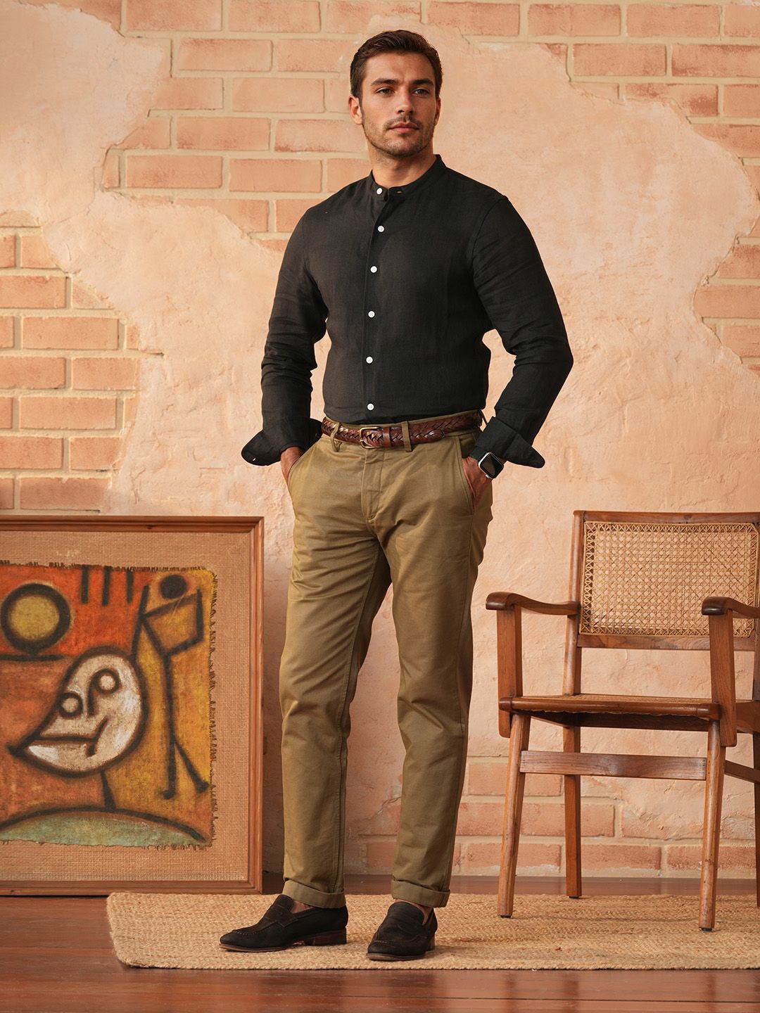 

Monks of Method Men Relaxed Band Collar Solid Relaxed Fit Casual Shirt, Black