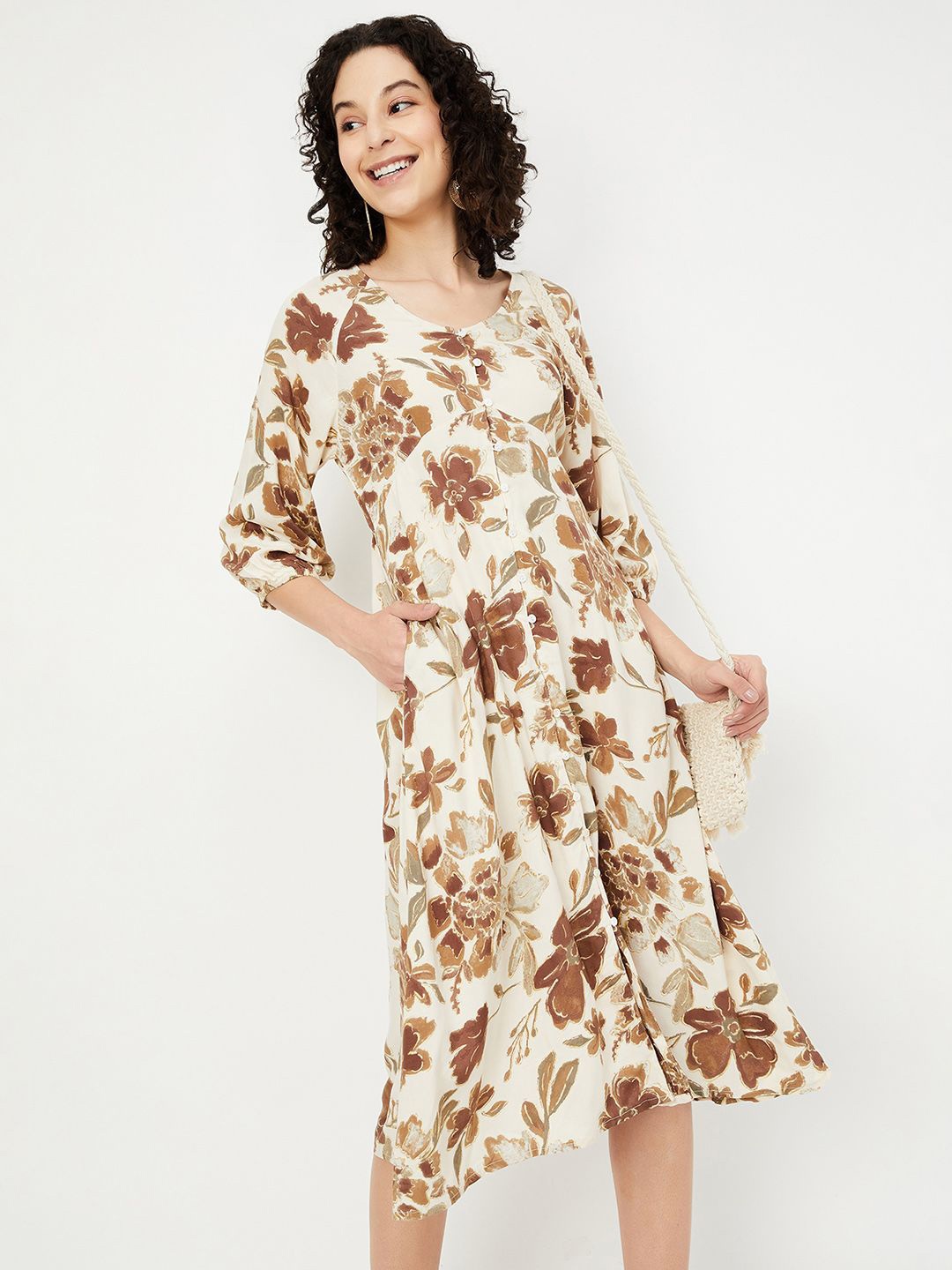 

max Women Floral Printed Puff Sleeve A-Line Midi Dress, Beige