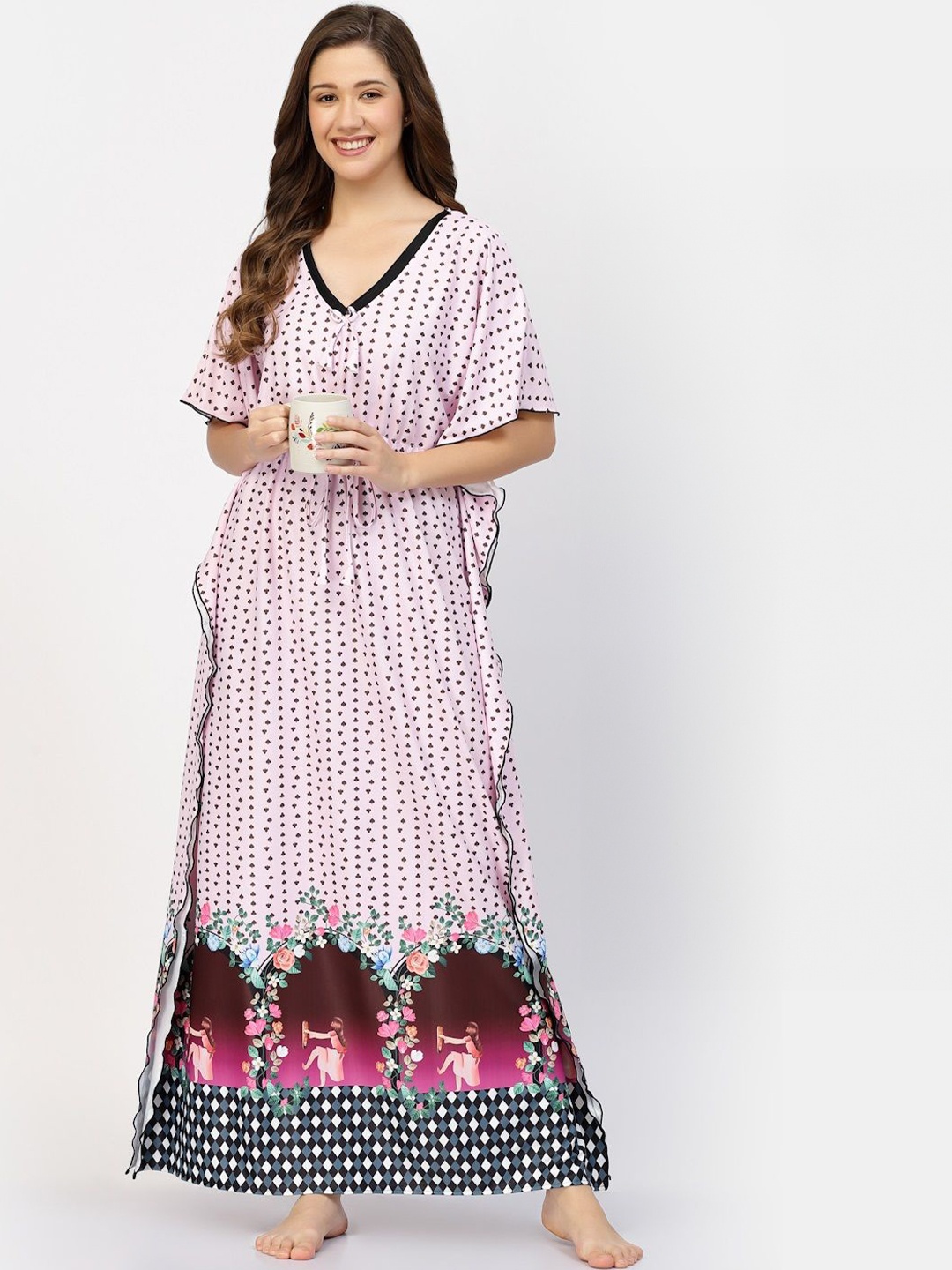 

CHUI MUI Women V-Neck Printed Maxi Kaftan Nightdress, Pink