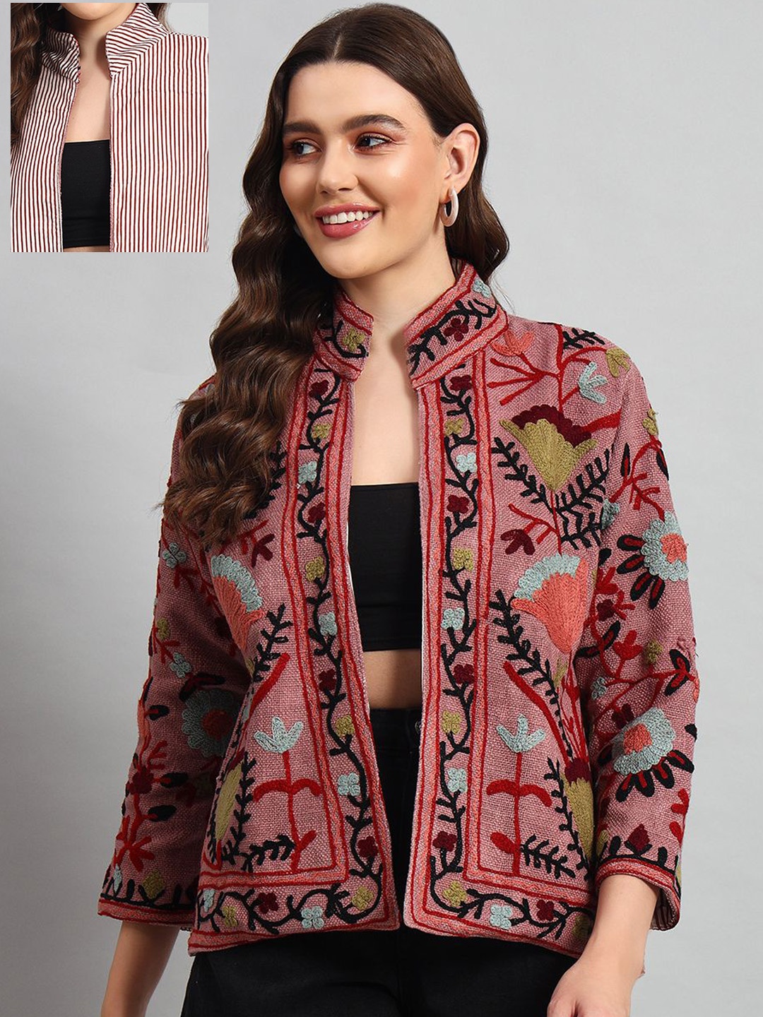 

HANDICRAFT PALACE Women Floral Embroidered Cotton Ethnic Open Front Reversible Jacket, Pink
