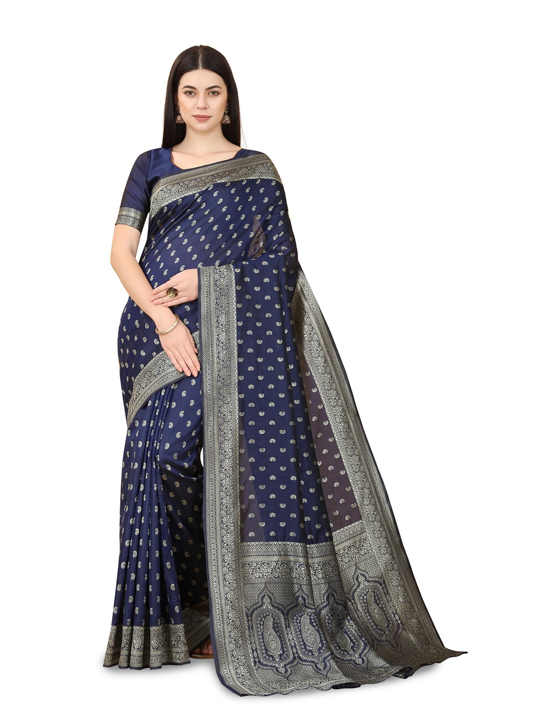 

KALINI Ethnic Motifs Woven Design Zari Pure Silk Banarasi Saree, Navy blue