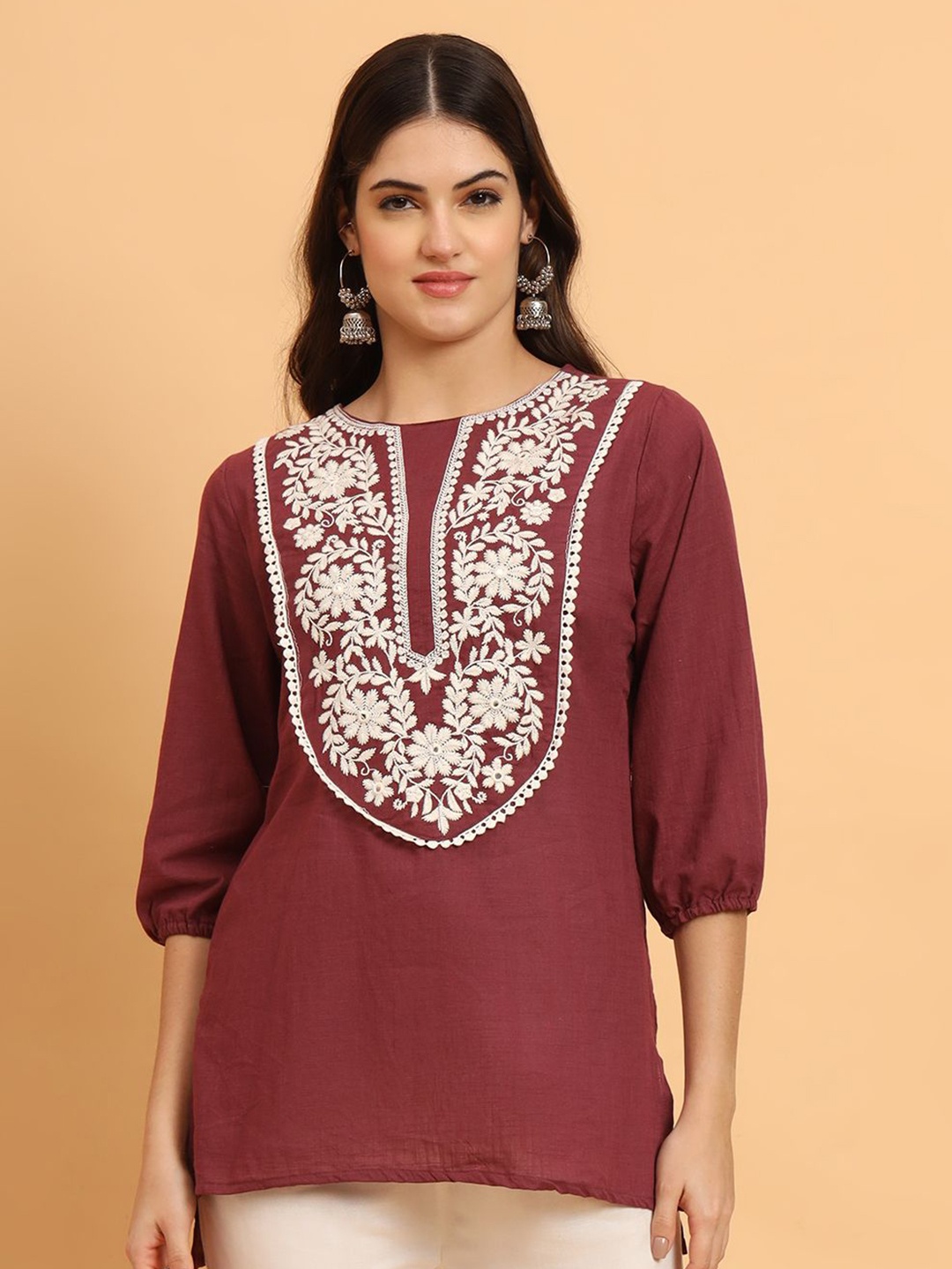 

AAYUMI Women Floral Embroidered Cotton Top, Maroon