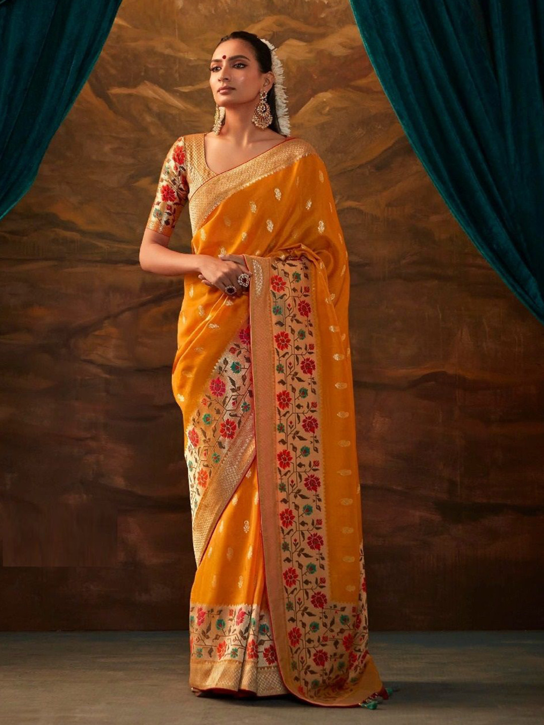 

MAHALASA Woven Design Zari Paithani Saree, Orange