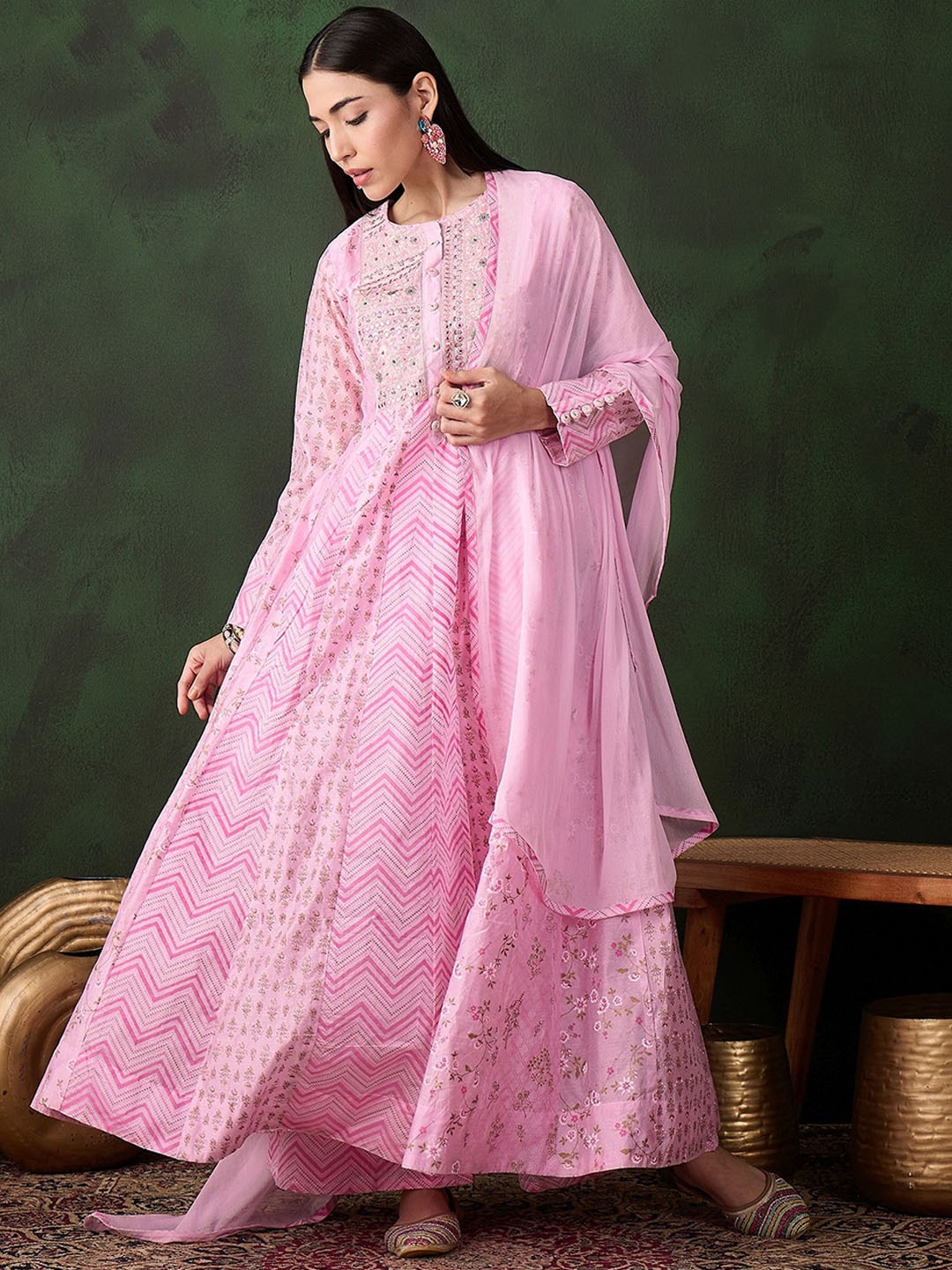 

Sangria Floral Embroidered Anarkali Kurta With Palazzo & Dupatta, Pink