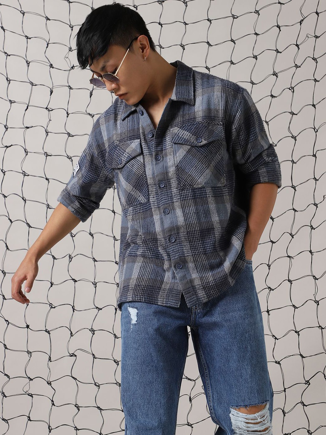 

Hubberholme Men Comfort Windowpane Checked Cotton Relaxed Fit Casual Shacket, Blue