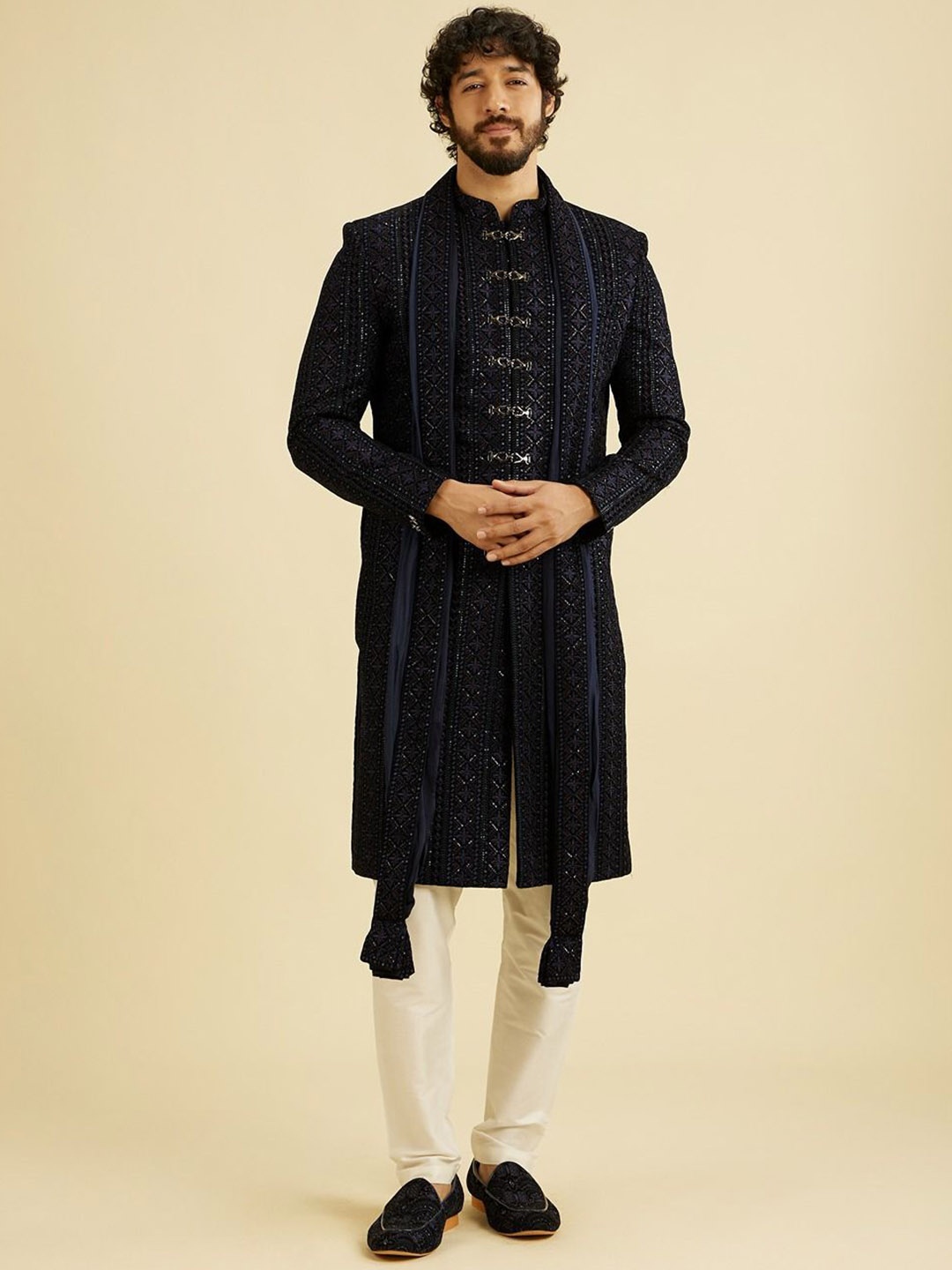 

Manyavar Men Embroidered Straight Sherwani Set, Blue