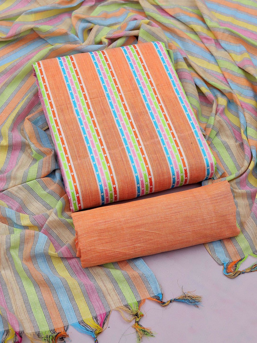 

Maroosh Striped Unstitched Dress Material, Rust