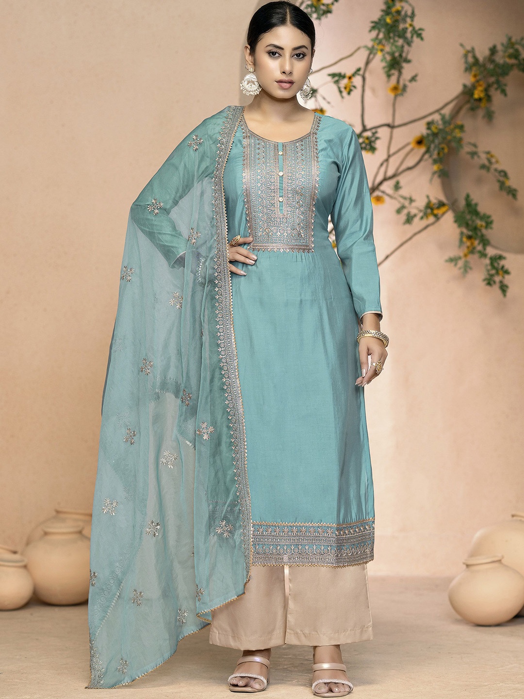 

Maroosh Ethnic Motifs Embroidered Zari Unstitched Dress Material, Sea green