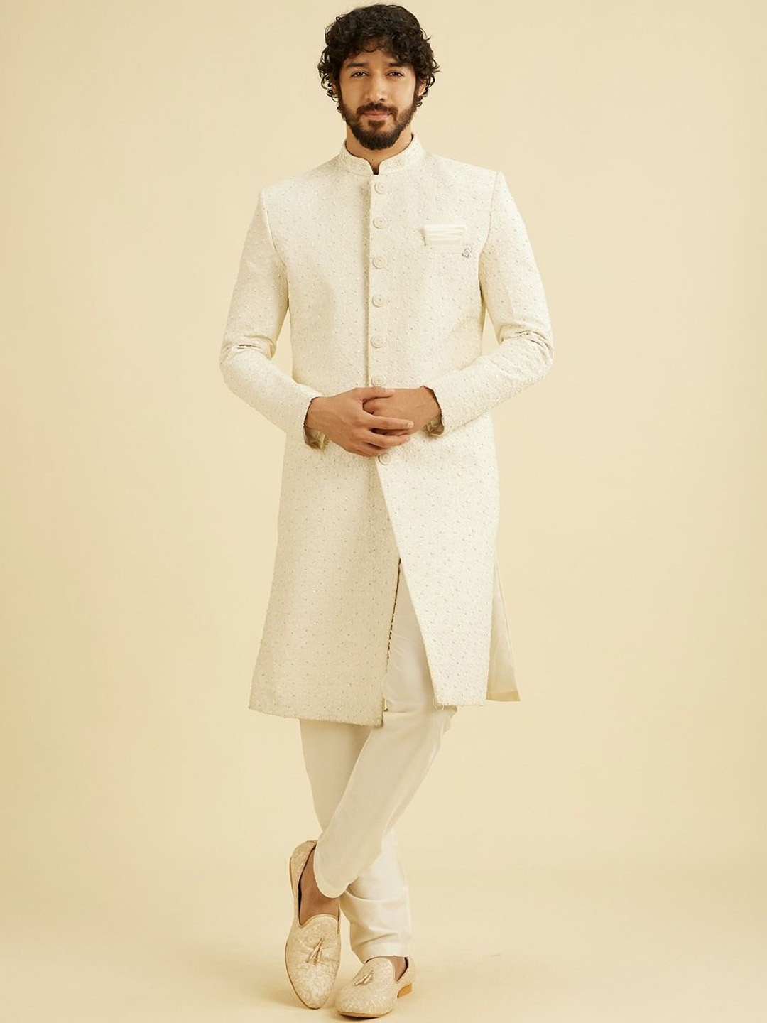 

Manyavar Embroidered Mandarin Collar Sherwani, Off white