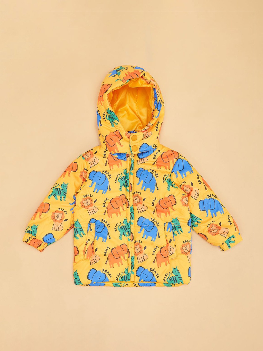 

Pantaloons Baby Boys Hooded Conversational Printed Casual Padded Jacket, Yellow