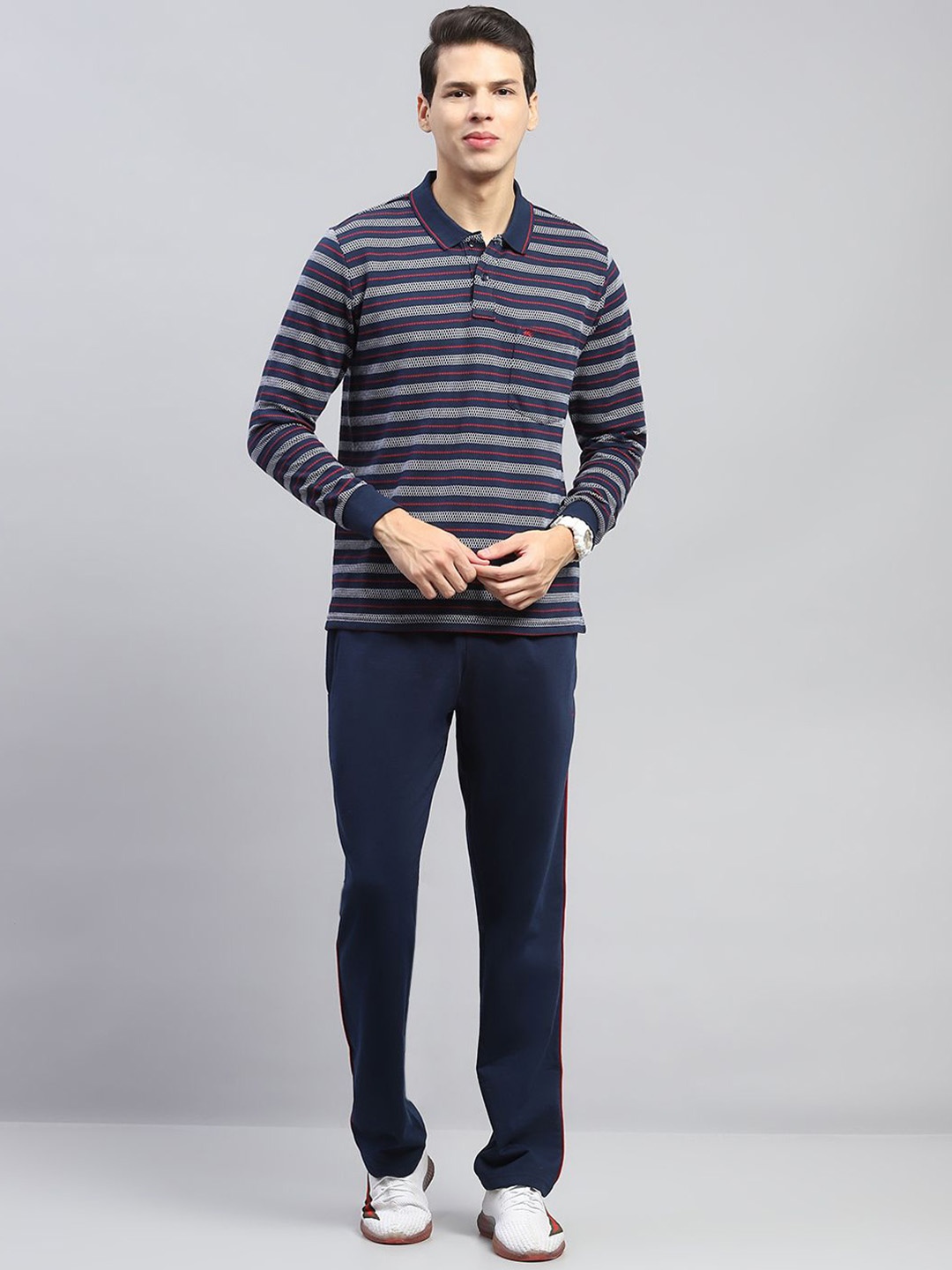 

Monte Carlo Striped Polo Collar Long Sleeves T-Shirt With Trouser, Navy blue