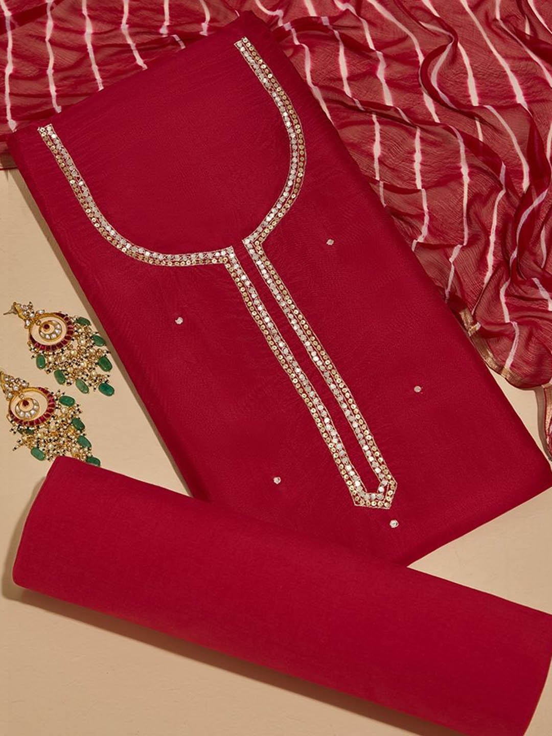 

Taneira Sequinned Embroidered Viscose Rayon Unstitched Dress Material, Red