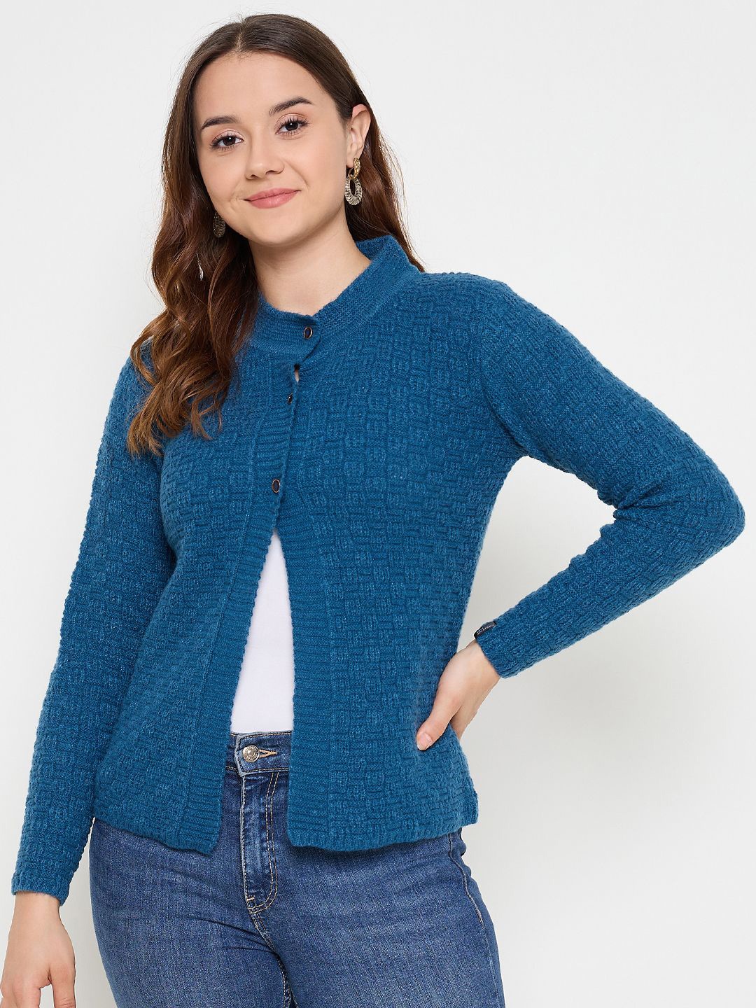 

CREATIVE LINE Women Woollen Self Desgin Longline Cardigan Sweater, Blue