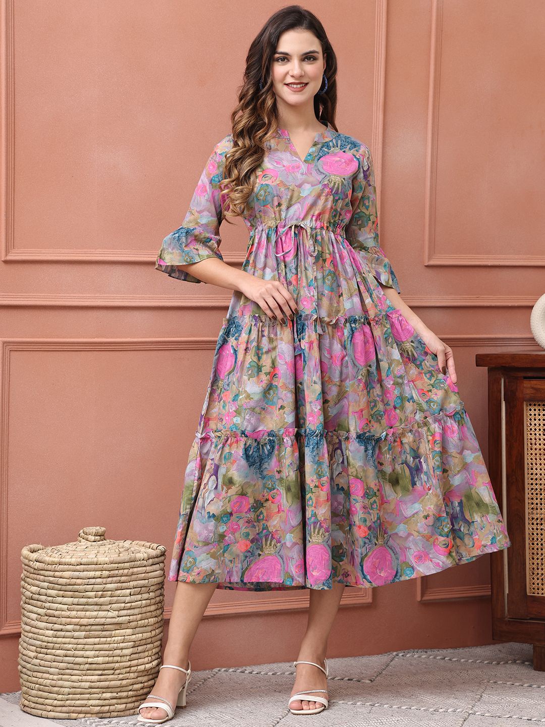 

Claura Cotton Floral Printed Flared Sleeve Fit & Flare Midi Tiered Dress With Tie up, Blue