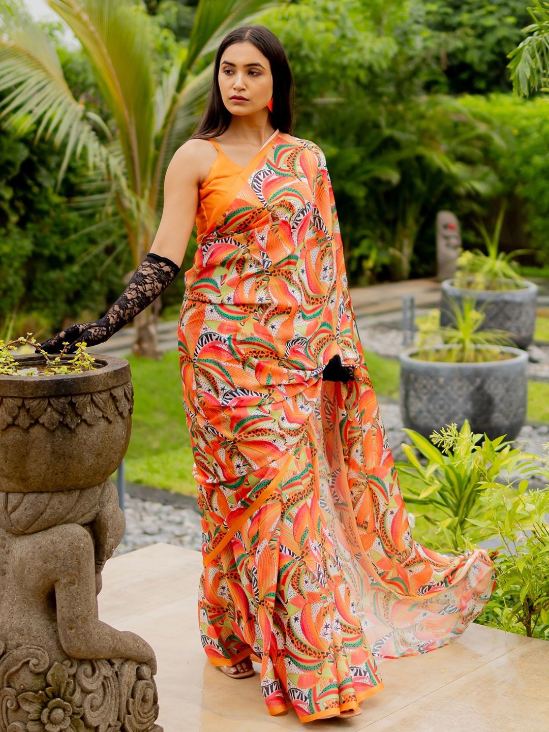 

MIRCHI FASHION Printed Satin Designer Saree, Orange