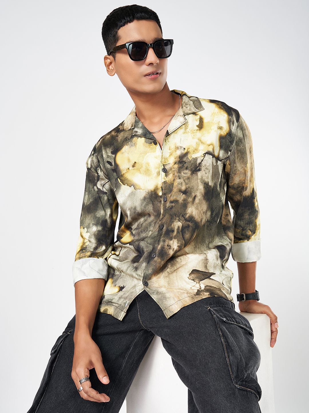 

People Men Cuban Collar Abstract Printed Relaxed Fit Casual Shirt, Green