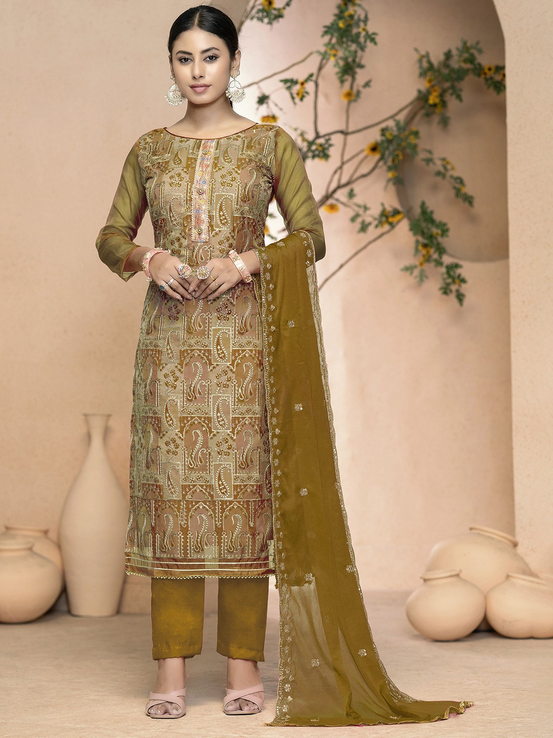 

Maroosh floral Embroidered Organza Unstitched Dress Material, Brown