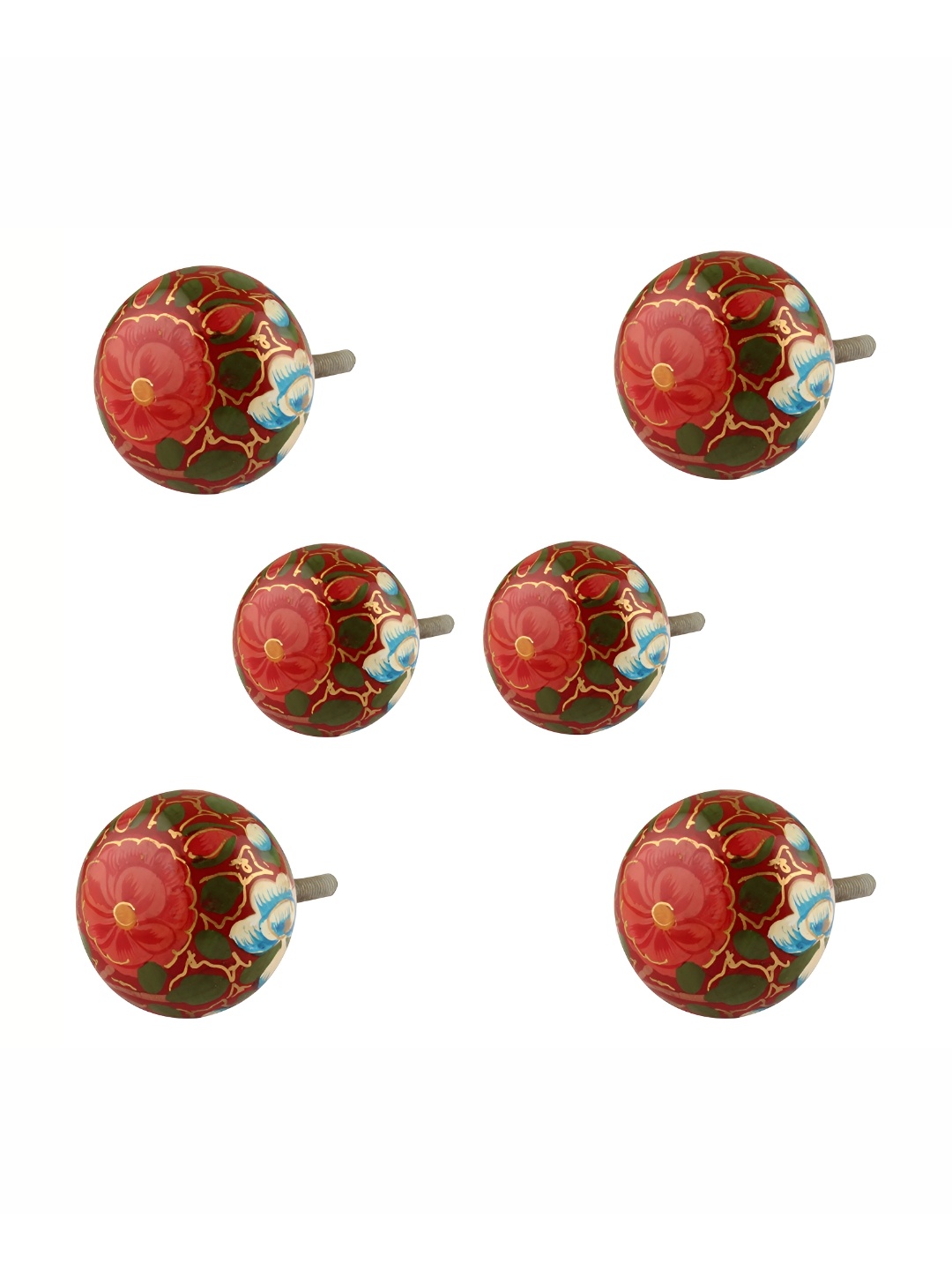 

Indianshelf Red & Green 6 Pieces Printed Wooden Round Flower Knobs