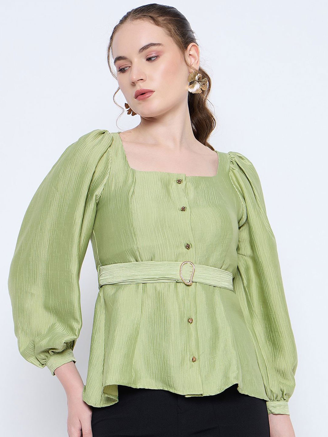 

Madame Women Puff Sleeve Cinched Waist Top, Green