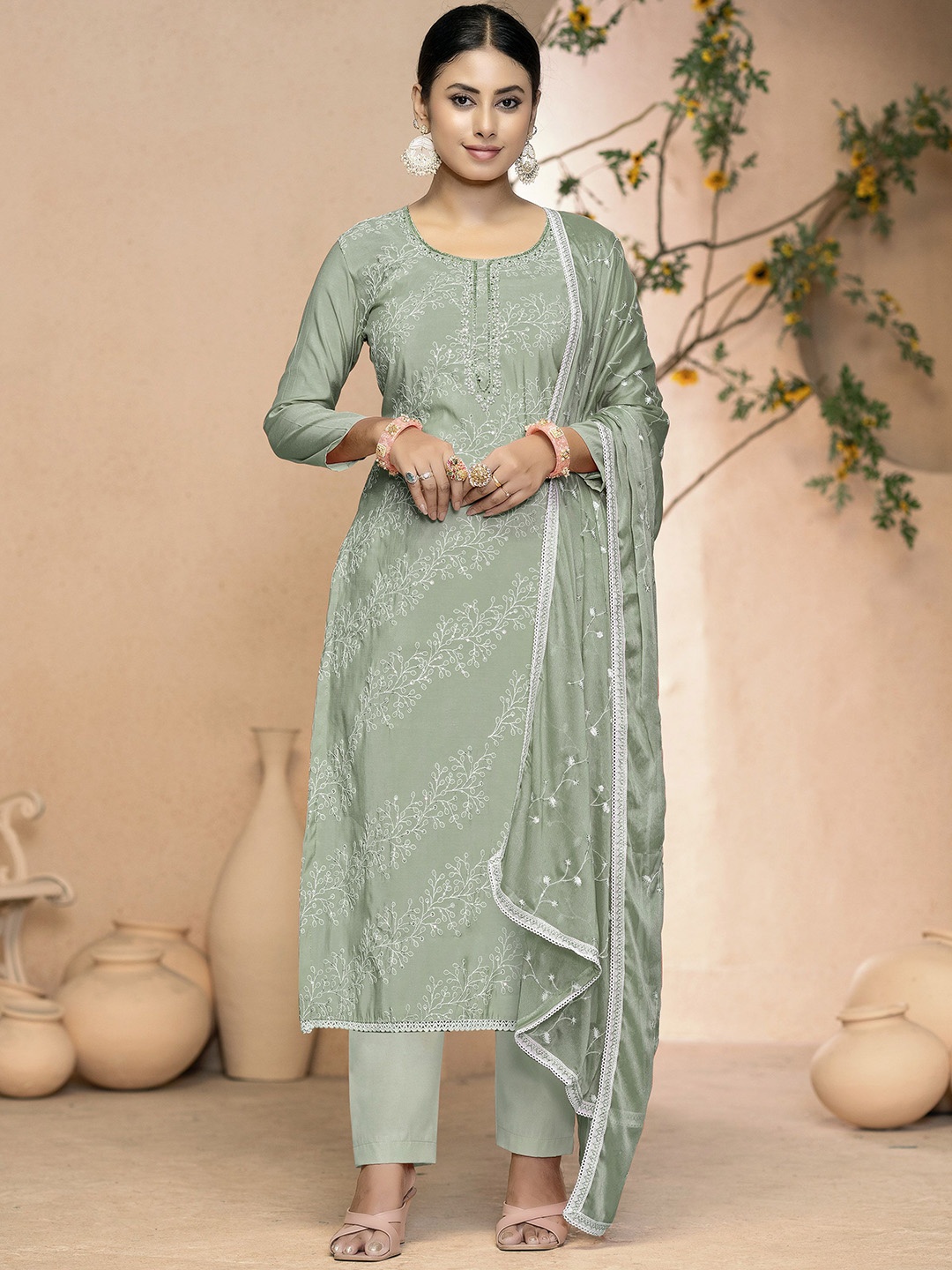 

Maroosh Floral Embroidered Unstitched Dress Material, Sea green