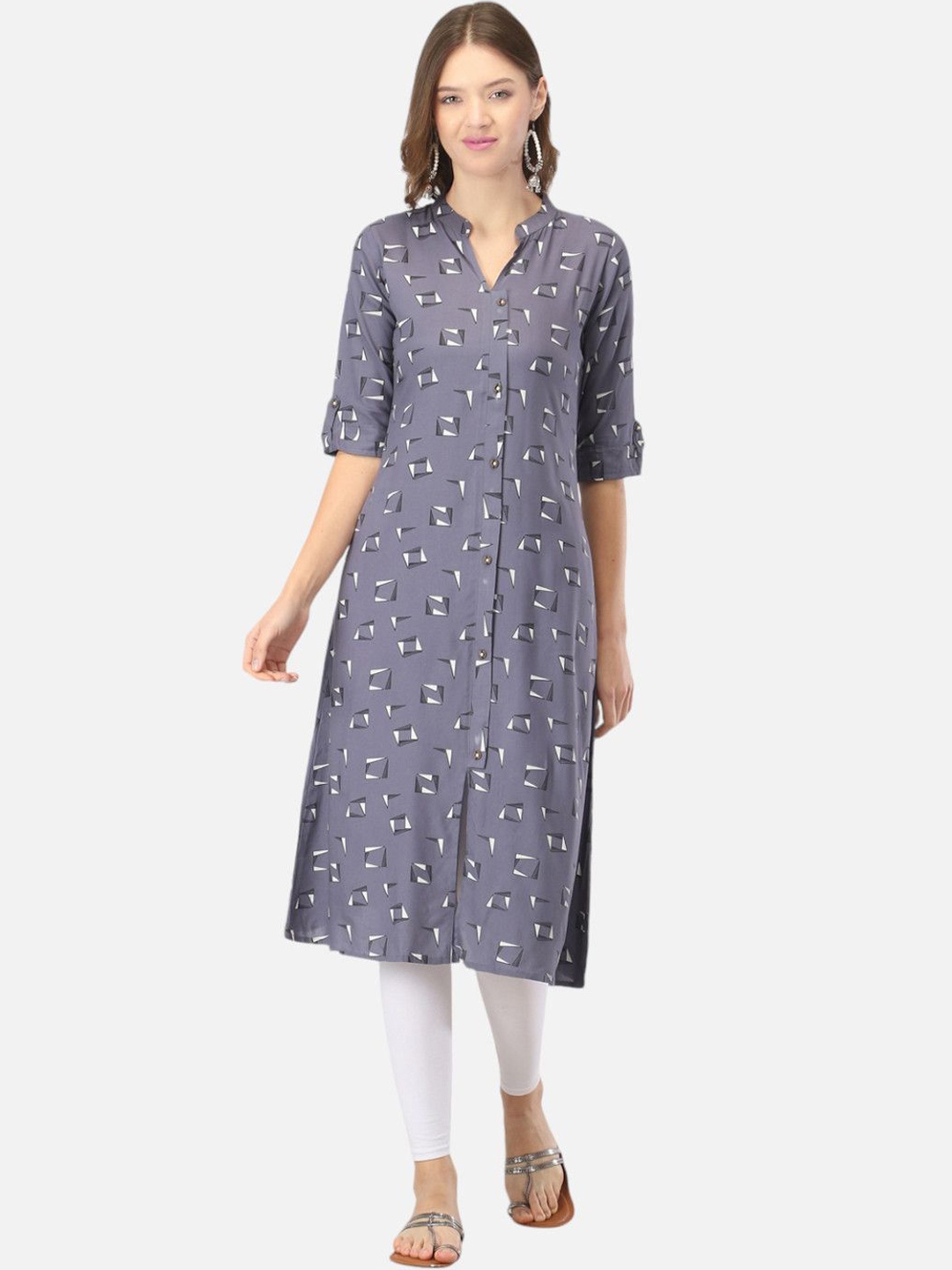 

Biyu Geometric Printed Mandarin Collar Cotton A-Line Kurta, Grey
