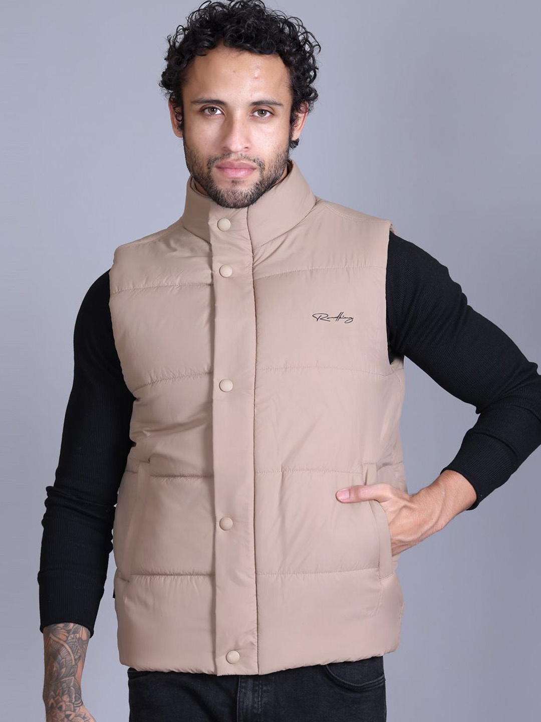 

Roadking Men Mock Collar Solid Casual Padded Jacket, Beige