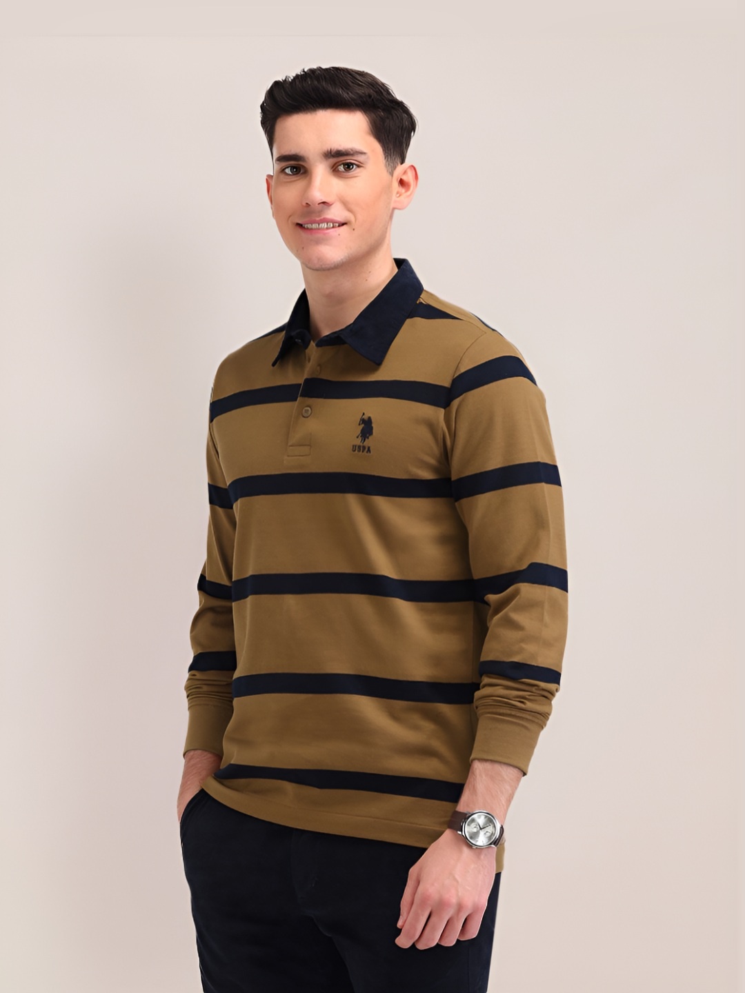 

U.S. Polo Assn. Men Striped Polo Collar Cotton Slim Fit T-shirt, Mustard