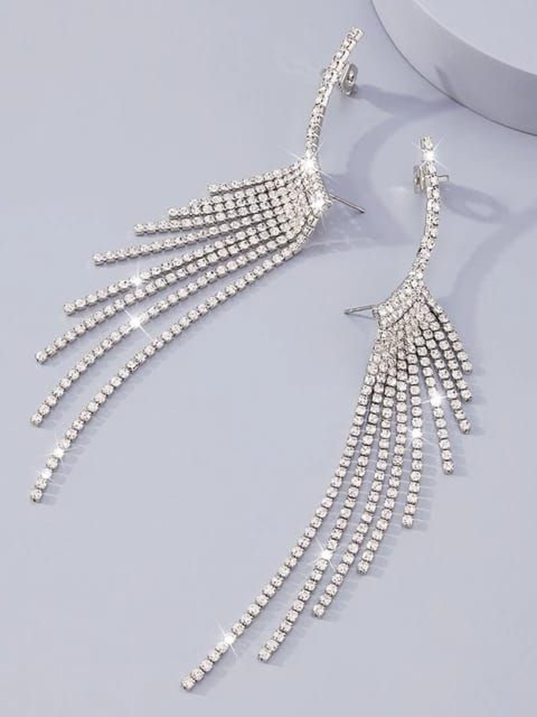 

YU FASHIONS Silver Plated Rhinestone Studded Geometric Drop Earrings