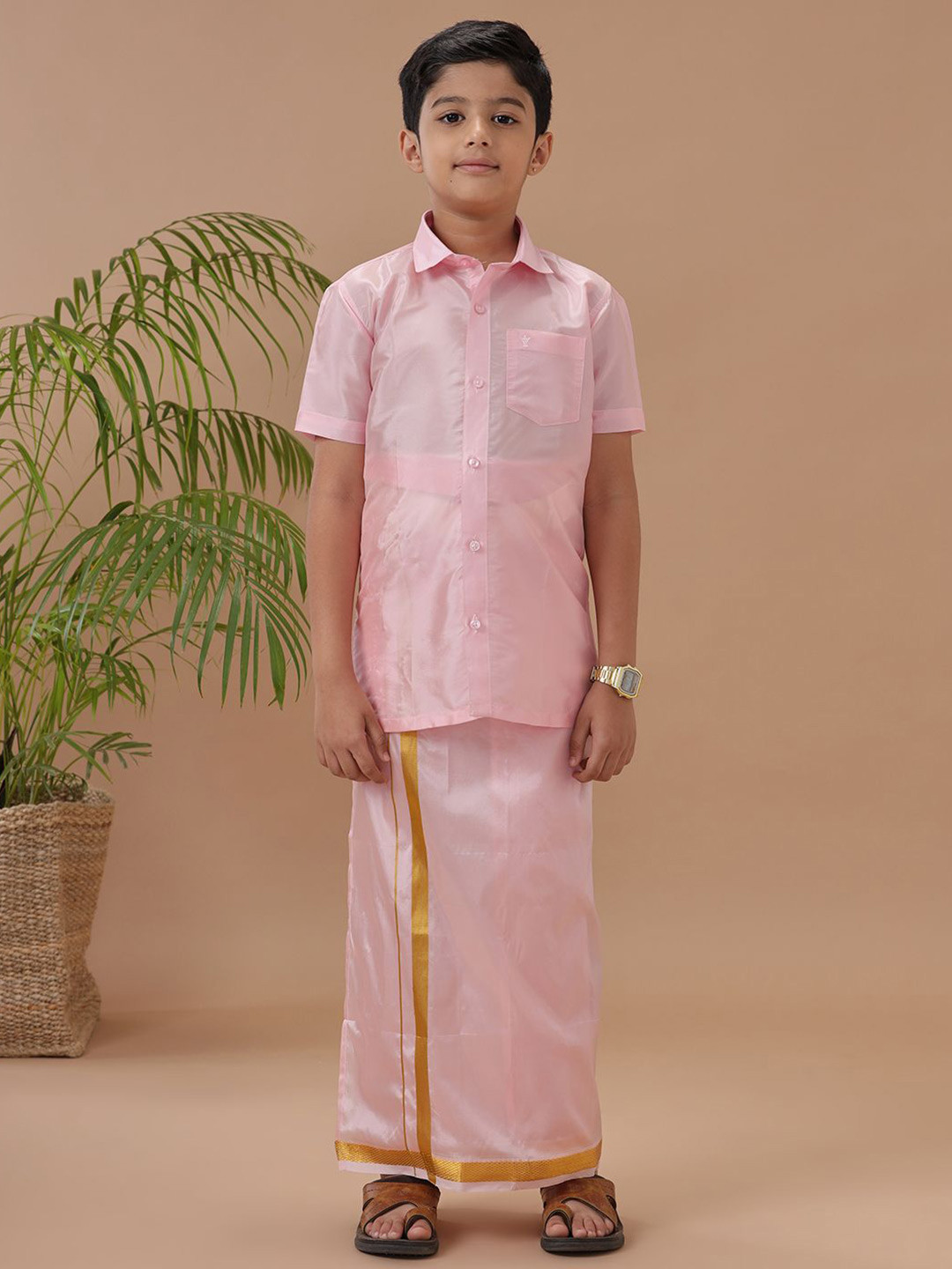 

Ramraj Boys Short Sleeves Shirt With Zari Border Dhoti, Pink