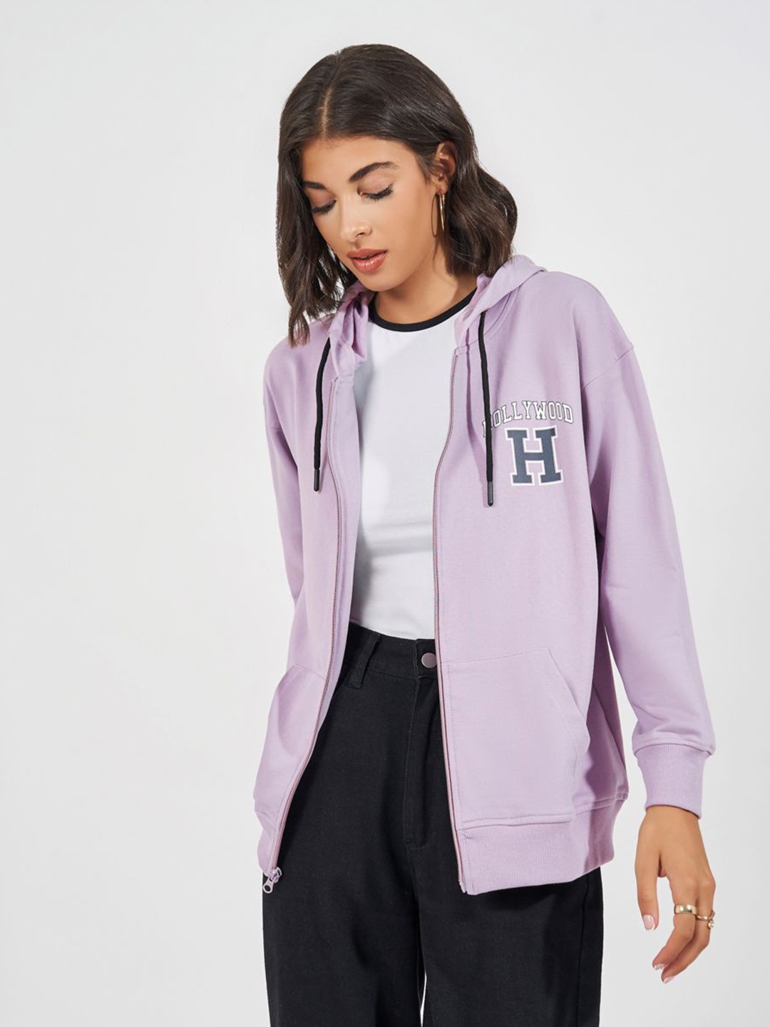 

Styli Women Oversized Fit Longline Slogan Print Zipper Hoodie, Purple