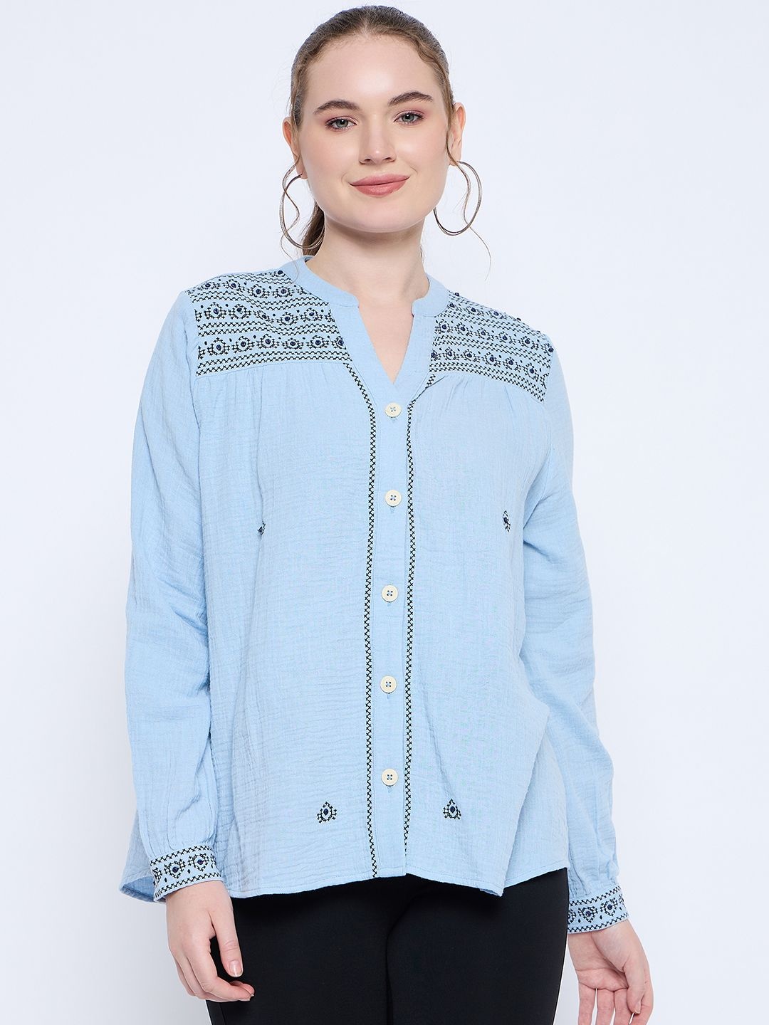 

Madame Women Printed Pure Cotton Mandarin Collar Shirt Style Top, Blue