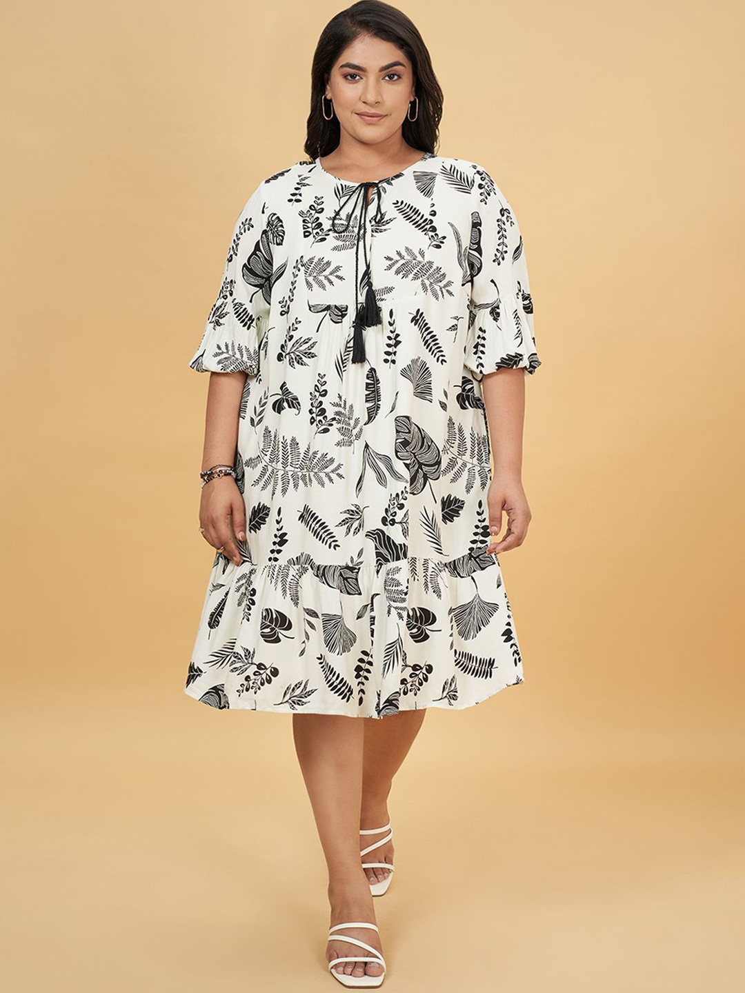 

Honey Curvytude by Pantaloons Women Floral Printed A-Line Dress, Off white