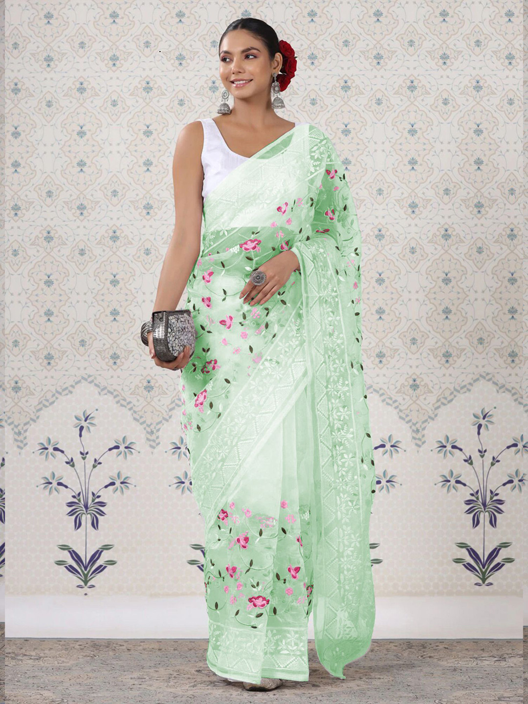 

Celeb Styles Floral Embroidered Organza Saree, Green