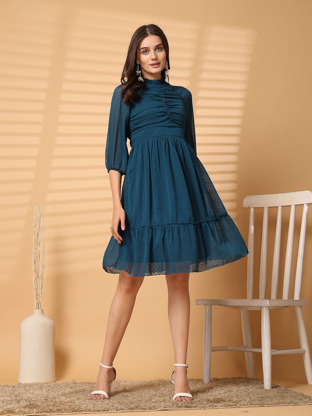 

ARDITA Self Design Chiffon Fit & Flare Dress, Teal