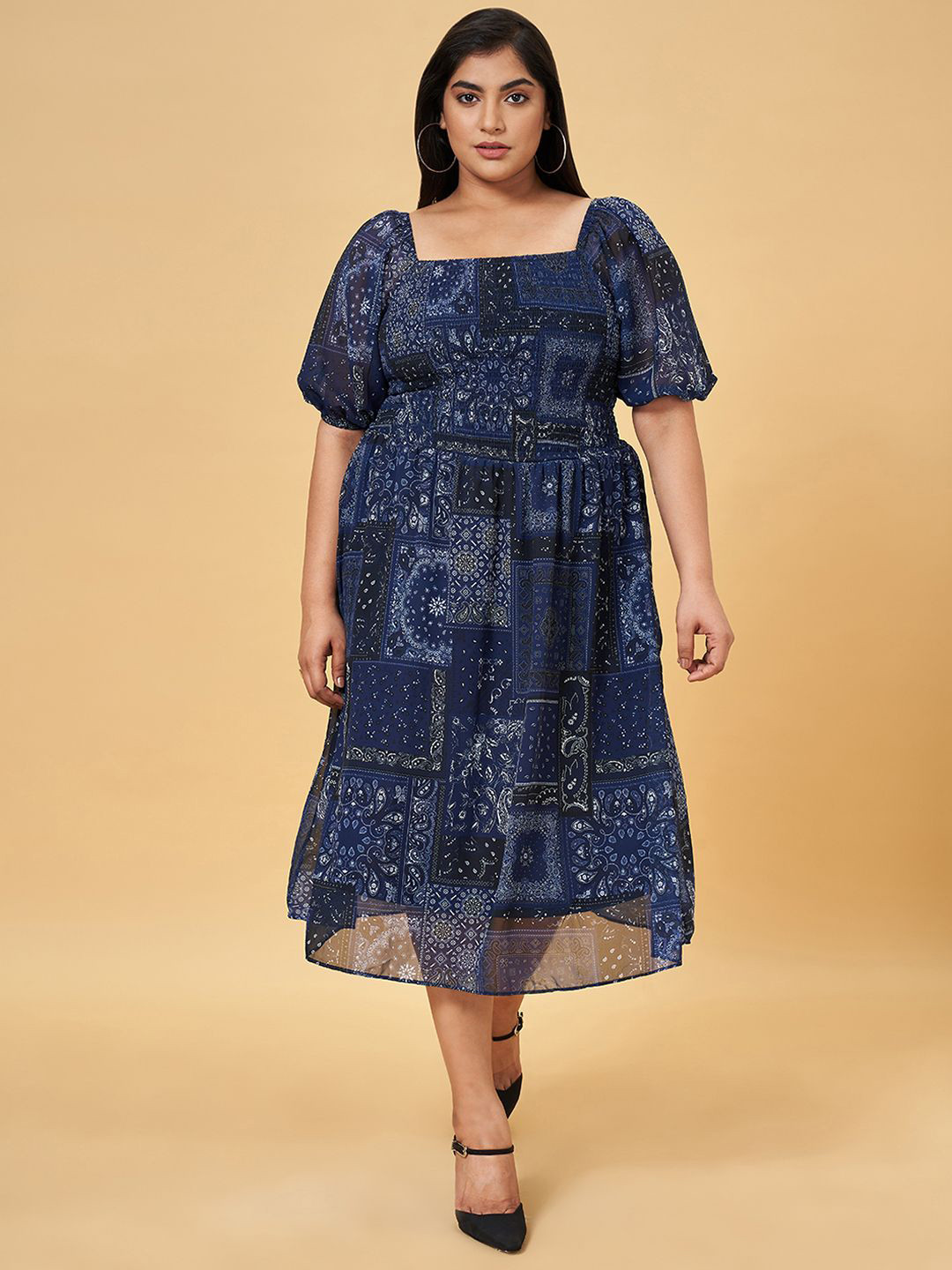 

Honey Curvytude by Pantaloons Women Ethnic Motifs Printed Fit & Flare Midi Dress, Navy blue