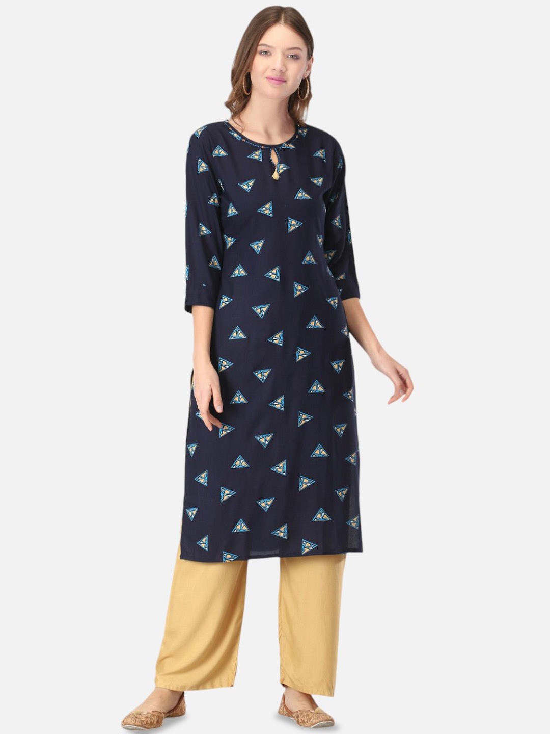 

Biyu Geometric Printed Keyhole Neck Cotton Straight Kurta, Navy blue