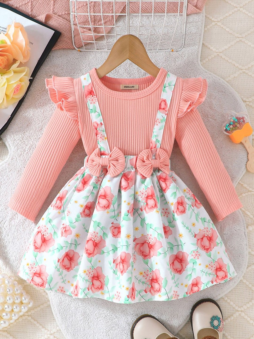 

INCLUD Girls Floral Printed Round Neck Long Sleeves Fit & Flare Dress With Bow, Pink