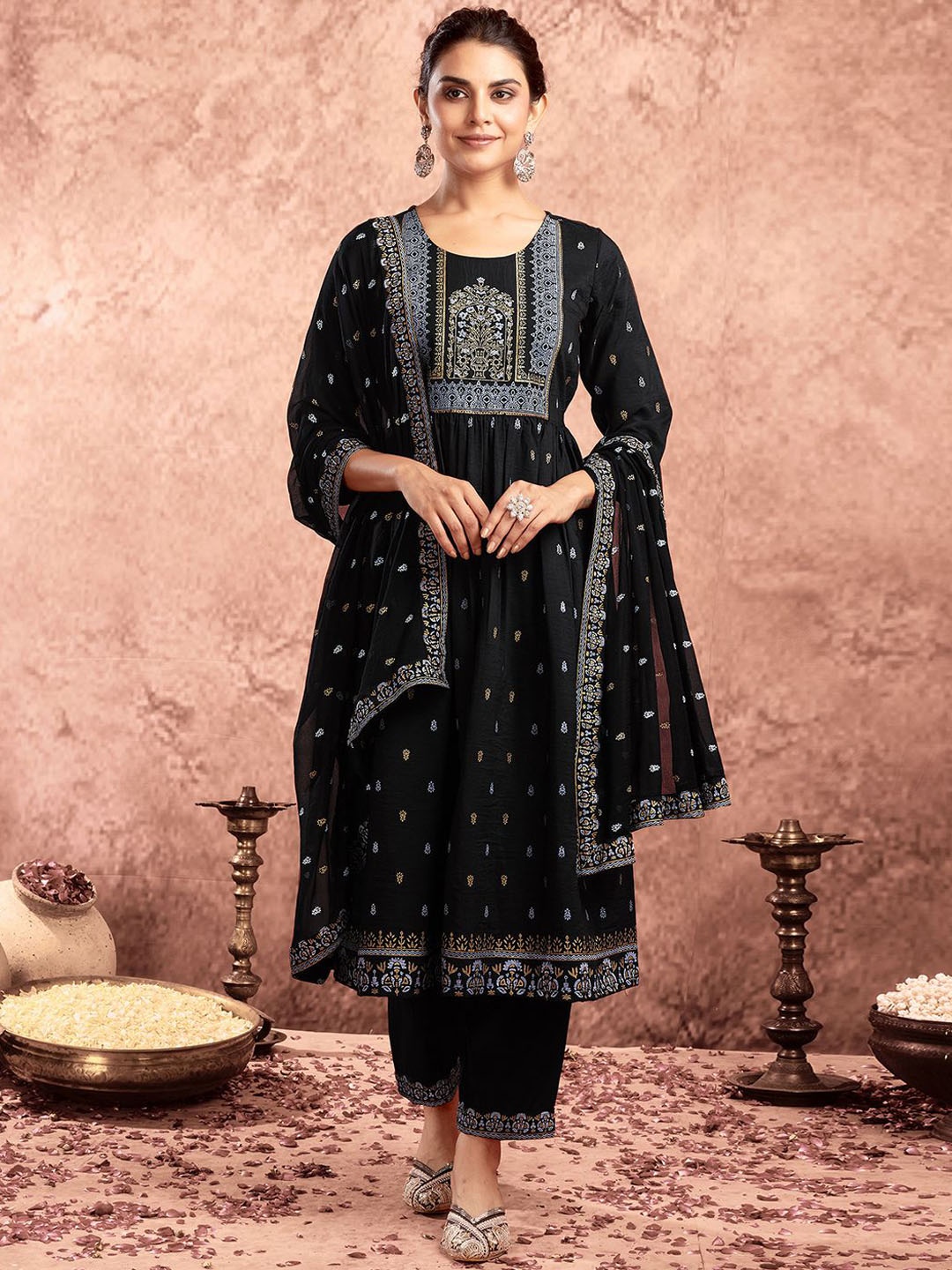 

KALINI Ethnic Motifs Printed Thread Work Anarkali Kurta With Trouser & Dupatta, Black