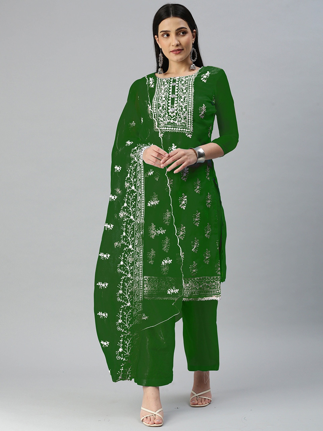 

Maroosh Floral Embroidered Organza Unstitched Dress Material, Green