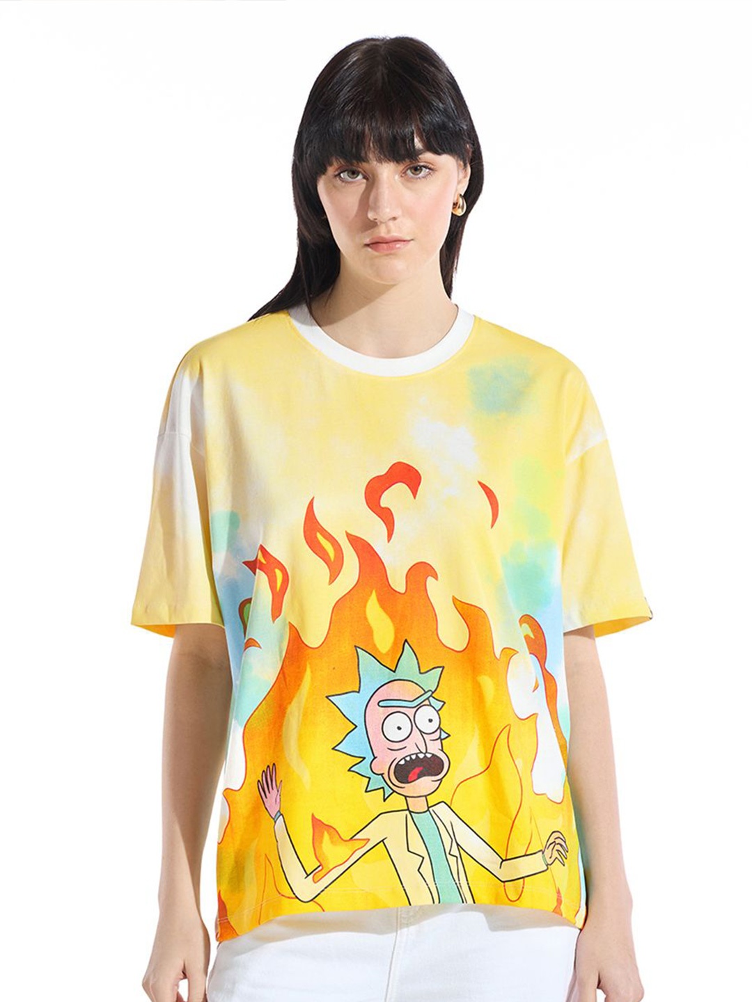 

Bewakoof Women Dyed Round Neck Cotton Oversized Rick & Morty T-shirt, Yellow