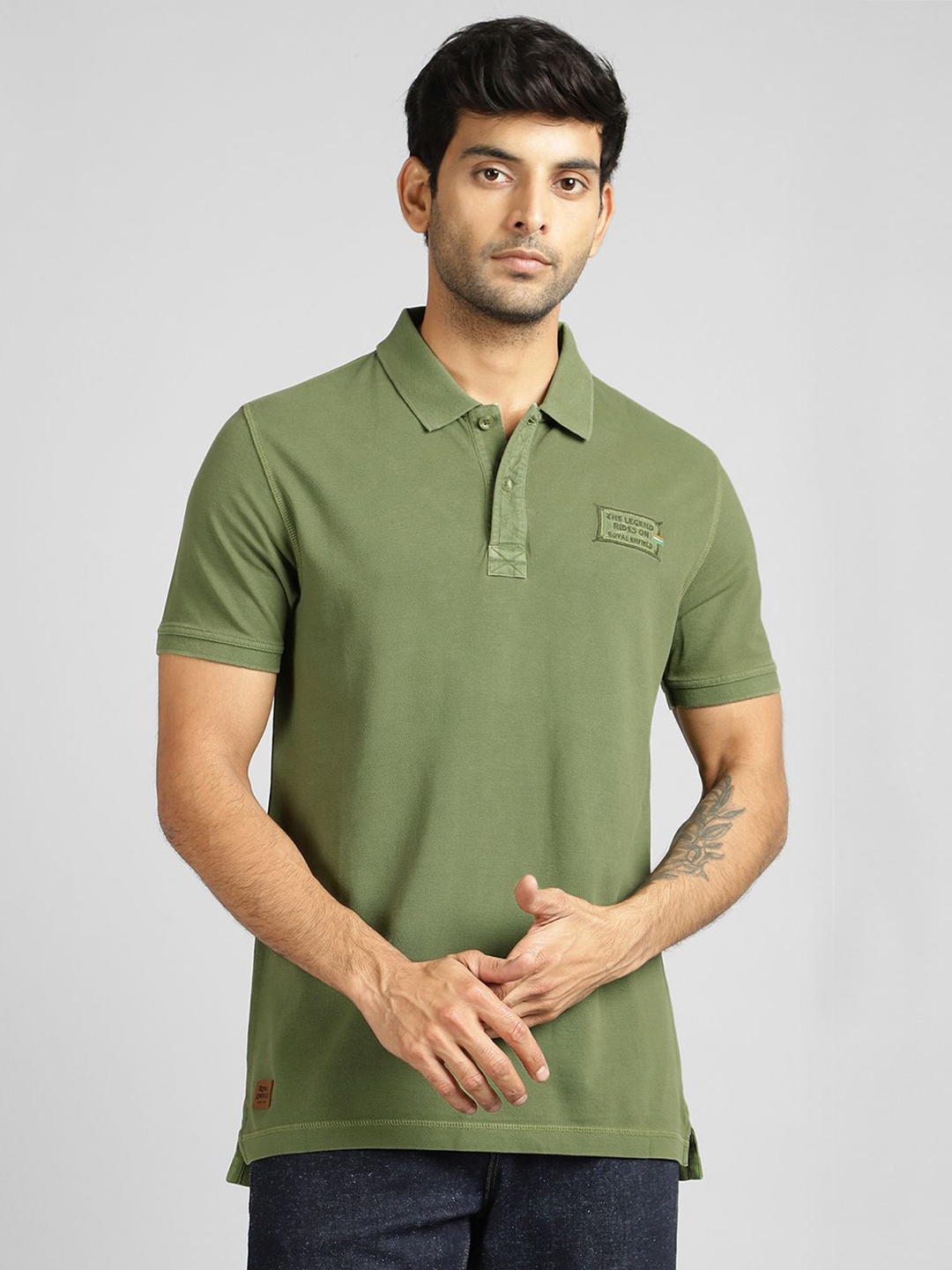 

Royal Enfield Men Solid Polo Collar Cotton T-shirt, Olive